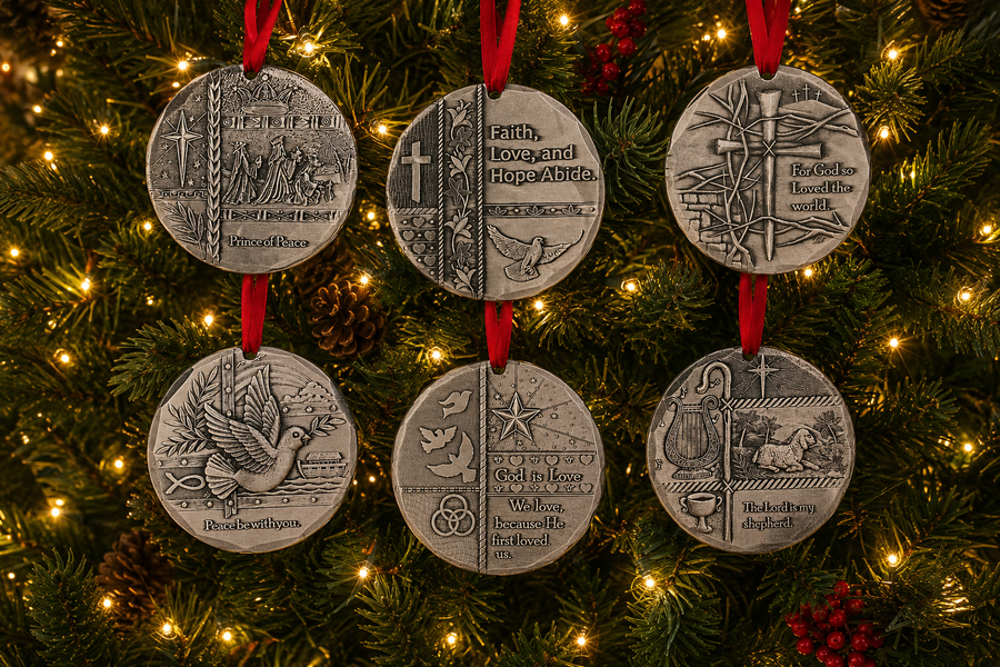 Styled display featuring Bible Verse 6-Piece Ornament Set