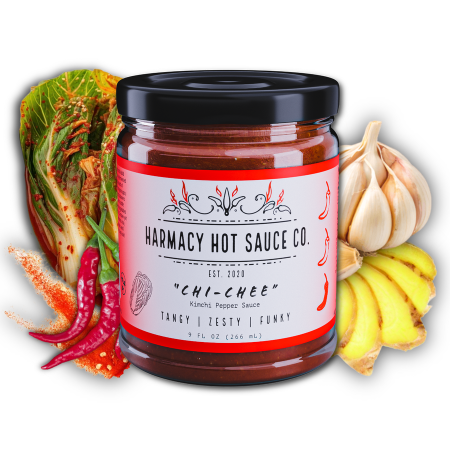 Chi-Chee fermented kimchi hot sauce jar with vegetables and peppers