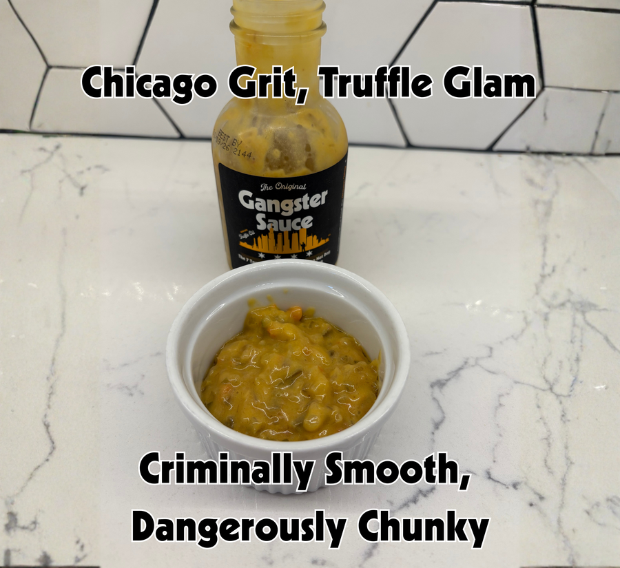 Gangster Sauce bottle beside a bowl of sauce on a marble surface