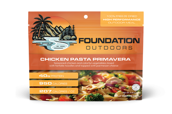 Chicken pasta primavera freeze-dried meal pouch, front