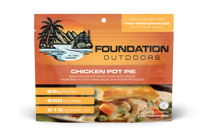 Chicken pot pie and biscuits freeze-dried meal pouch, front