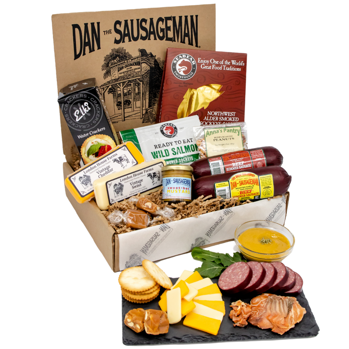 Chinook gift box with two sausages, salmon, cheeses, crackers, mustard, peanuts and candy; board not included