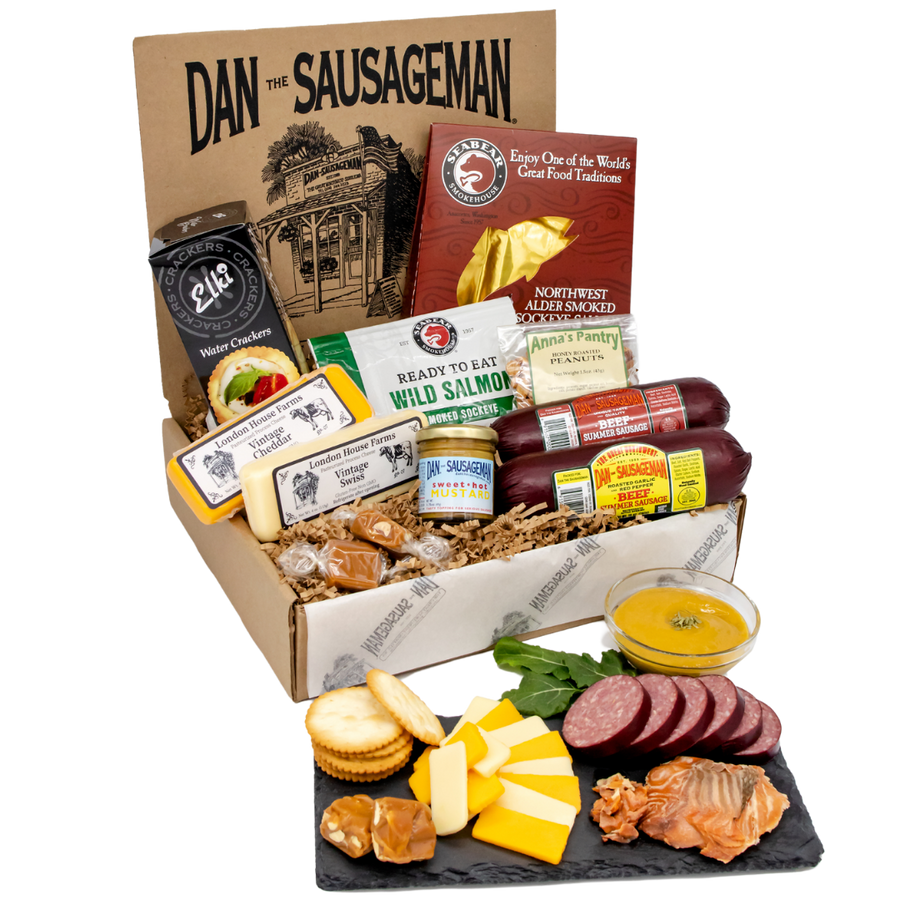 Chinook gift box with two sausages, salmon, cheeses, crackers, mustard, peanuts and candy; board not included