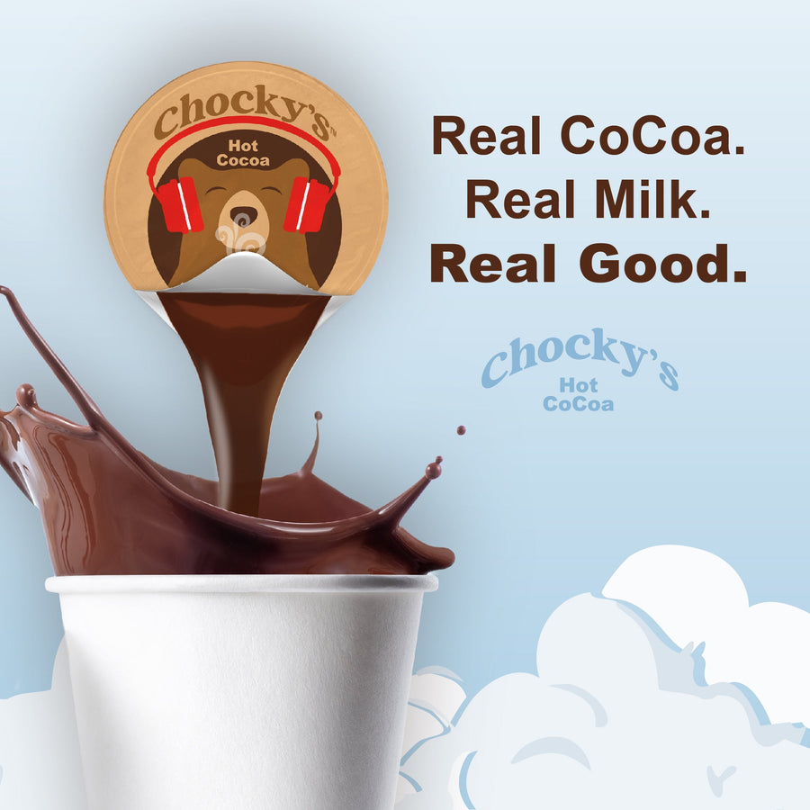 Cocoa pod pouring into a mug with real-milk message