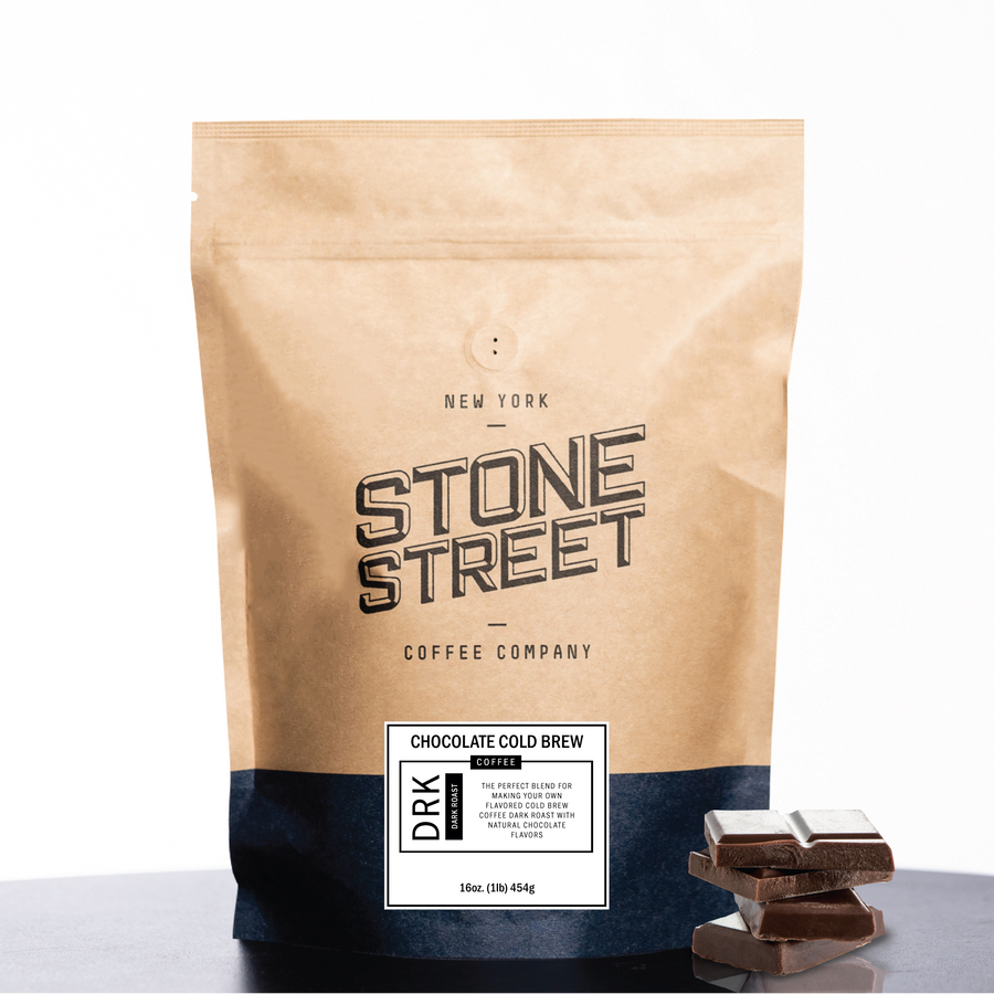 Front of the Stone Street Chocolate Cold Brew coffee bag with its product label visible