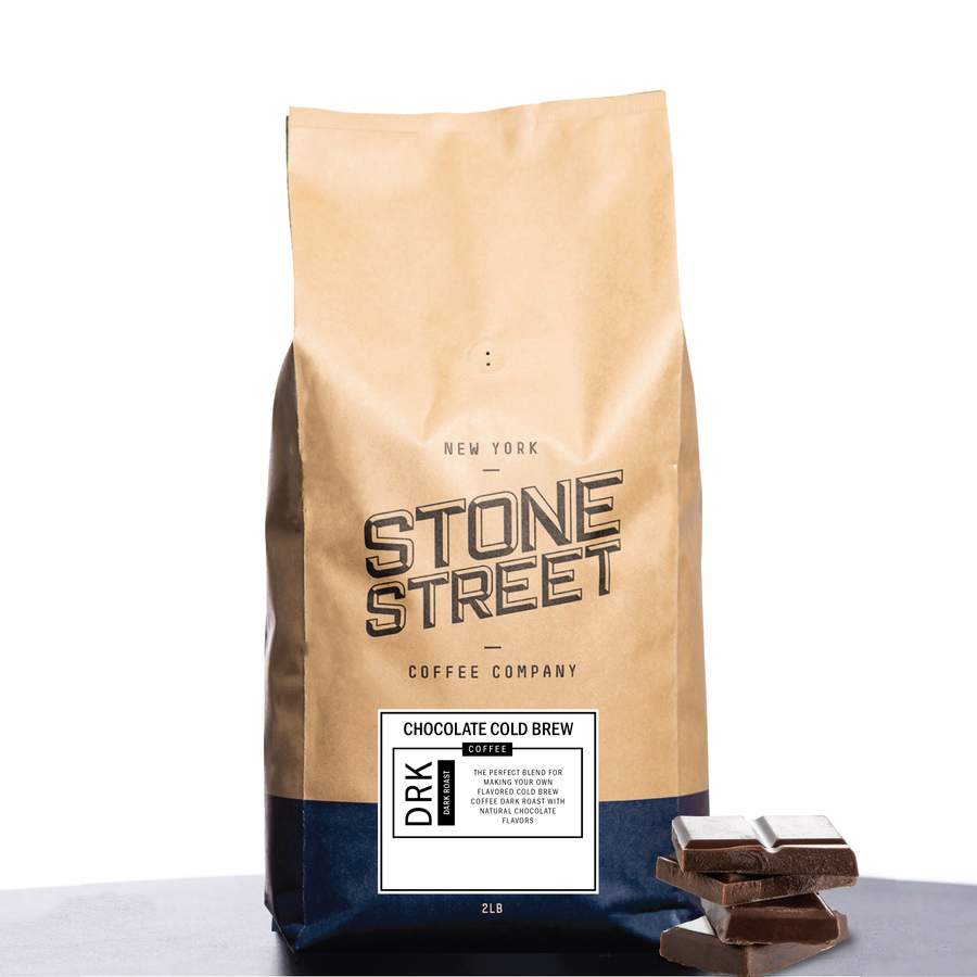 Front of the Stone Street Chocolate Cold Brew coffee bag with its product label visible