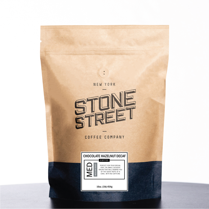 Front of the Stone Street Chocolate Hazelnut Decaf coffee bag with its product label visible