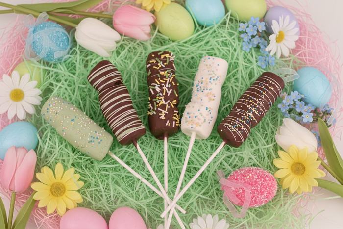 Easter triple marshmallow pops with chocolate, pastel drizzle and spring sprinkles
