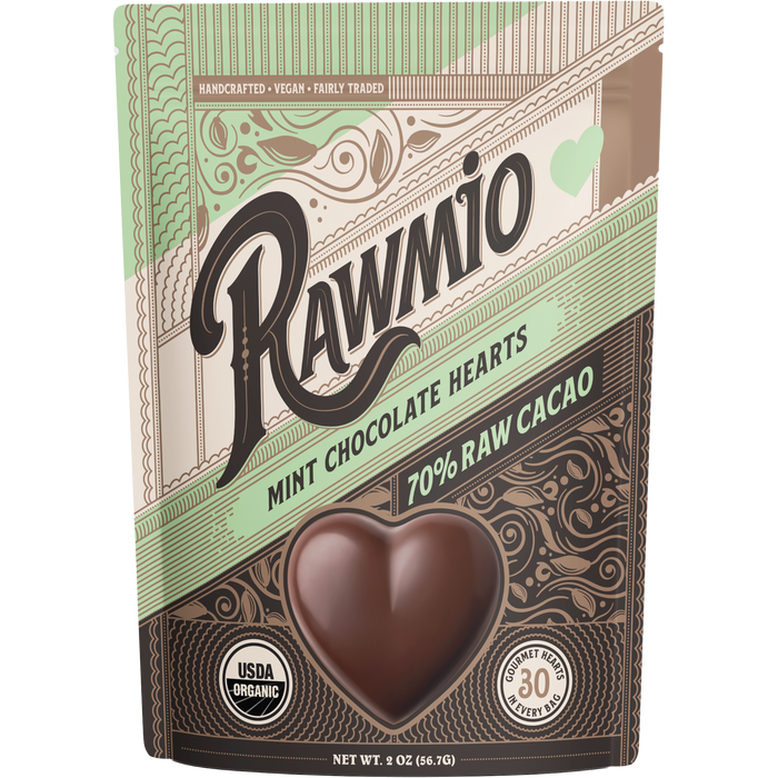Product package photograph for Raw Mint Chocolate Hearts