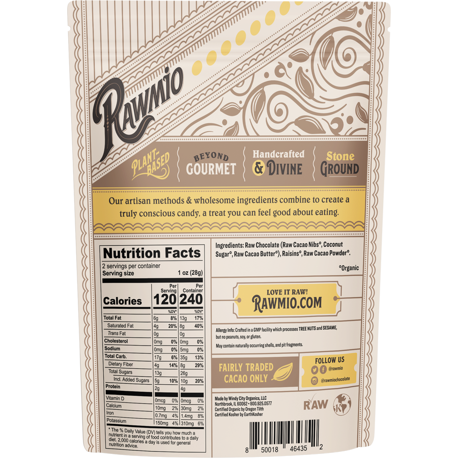 Dark Chocolate-Covered Raisins, back label with ingredients and Nutrition Facts