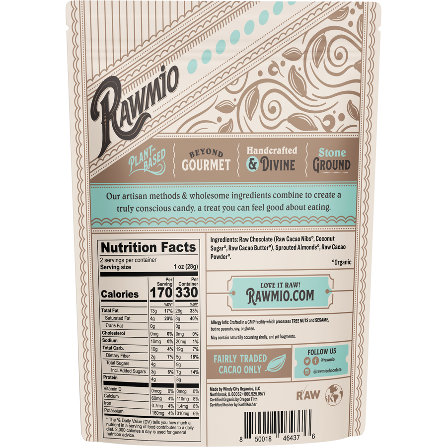 Back of packaging for Chocolate Covered Sprouted Almonds