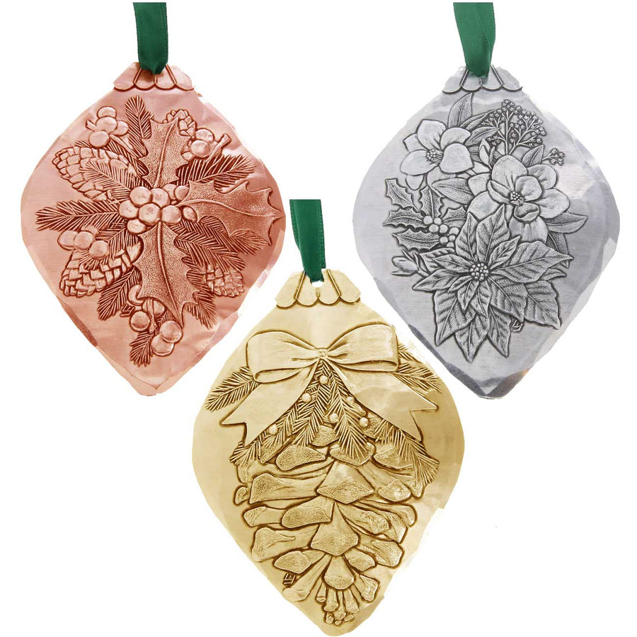 Collection display featuring Christmas Botanicals Ornament Set- Mixed Metal