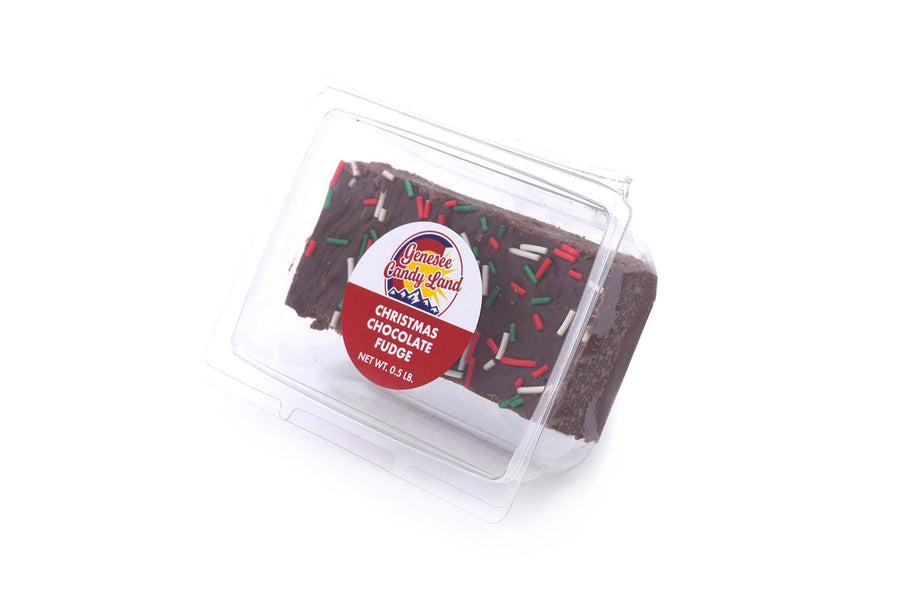 Christmas Chocolate Fudge with Sprinkles, half-pound in clear clamshell packaging viewed from the side