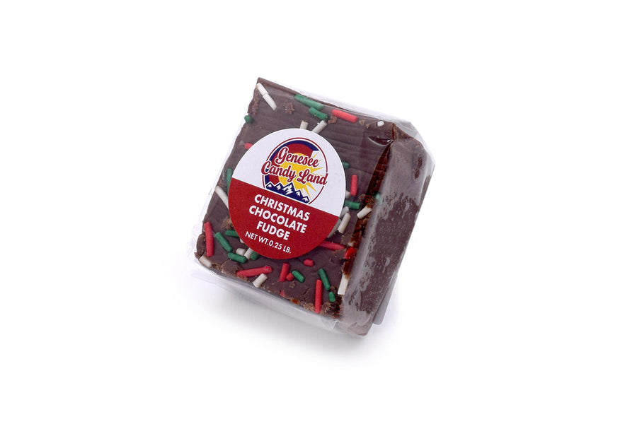Christmas Chocolate Fudge with Sprinkles, quarter-pound in individual wrapping viewed from the side