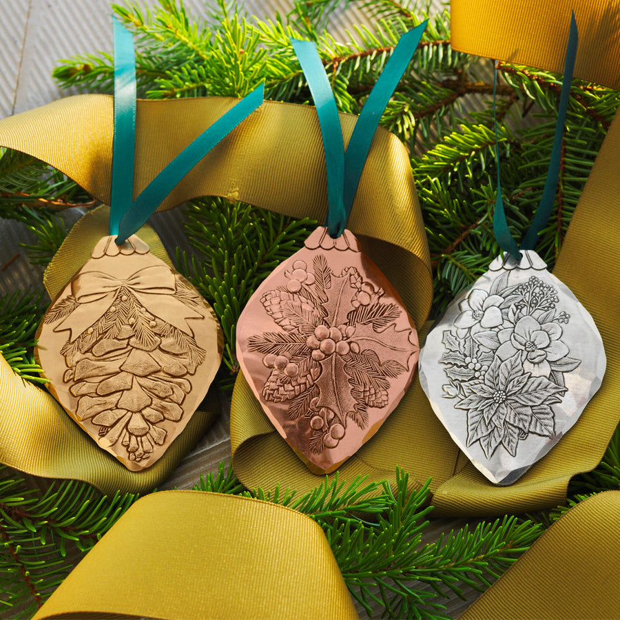 Styled display featuring Christmas Botanicals Ornament Set- Mixed Metal