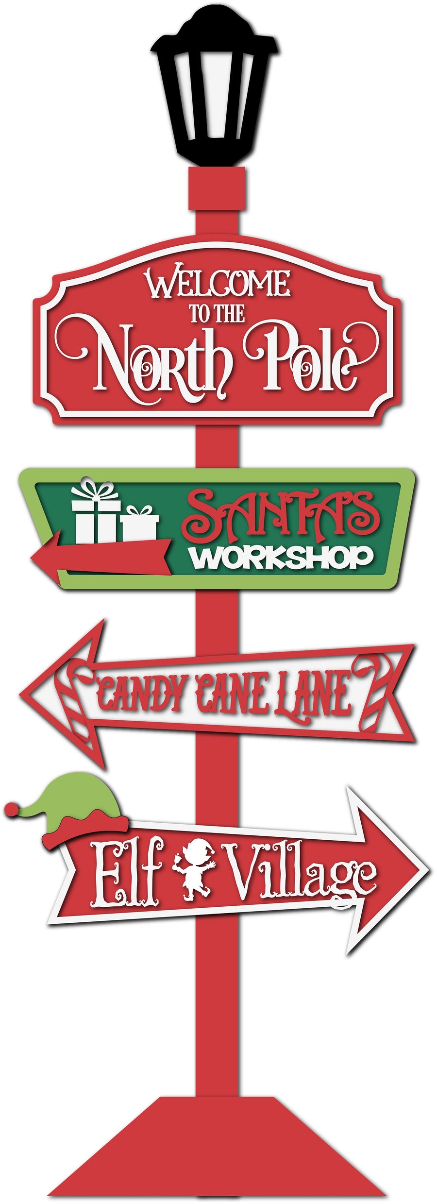 Illustrated North Pole directional signpost example with a lantern and base