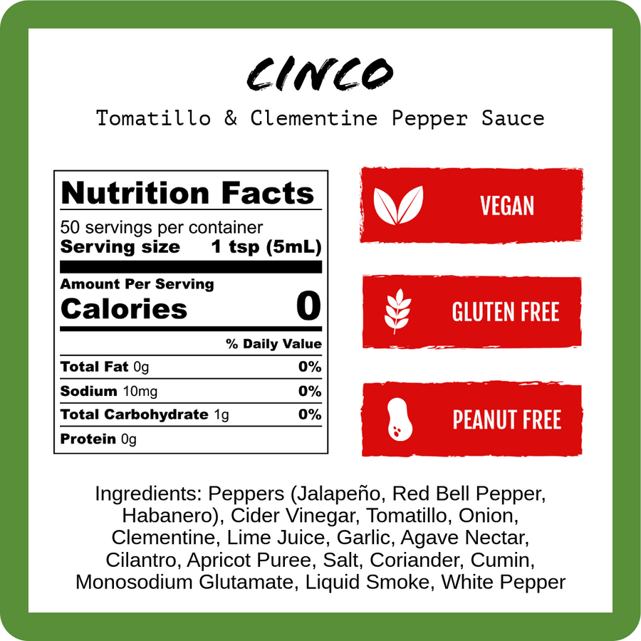 Cinco Nutrition Facts and ingredient panel