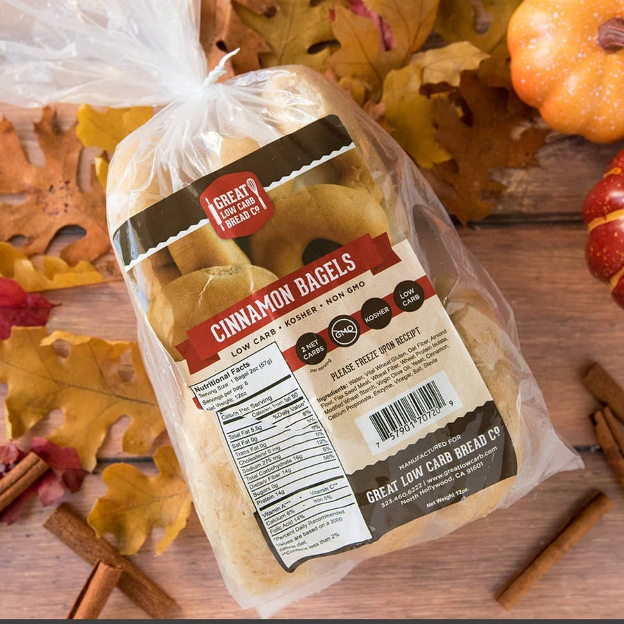 Cinnamon Low Carb Bagels: packaged bagels with autumn arrangement.