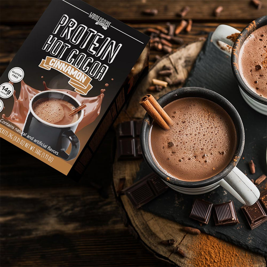 Cinnamon Protein Hot Chocolate: box with prepared cocoa and cinnamon sticks.