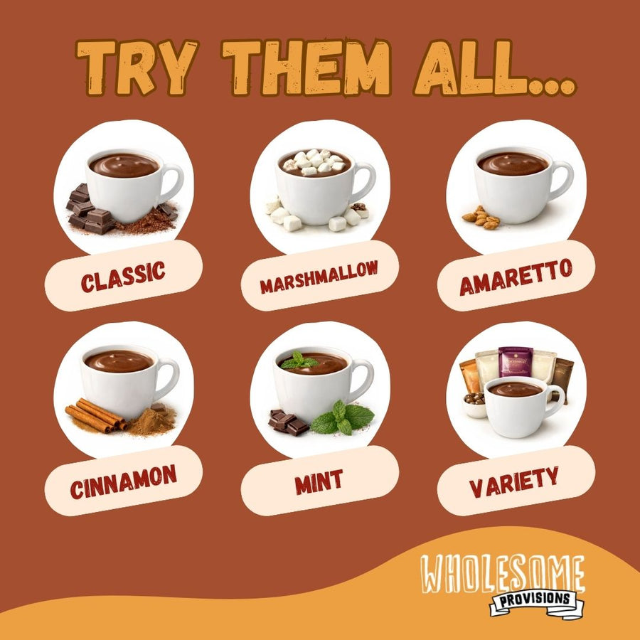 Classic Protein Hot Chocolate: hot cocoa flavor range graphic.