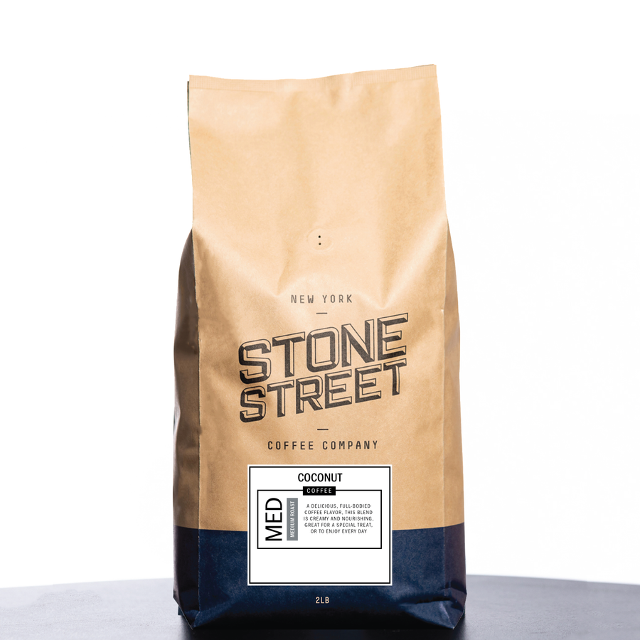 Front of the Stone Street Coconut coffee bag with its product label visible