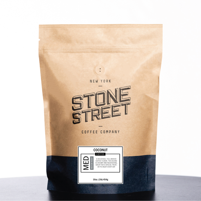 Front of the Stone Street Coconut coffee bag with its product label visible