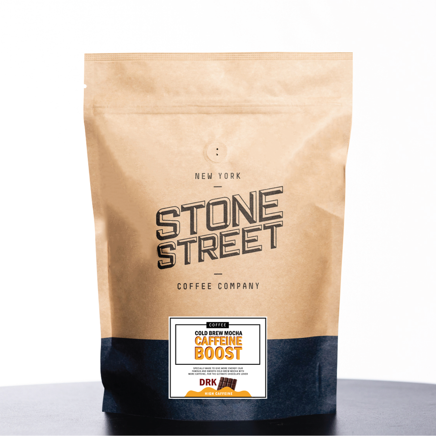 Front of the Stone Street Cold Brew Boost Mocha coffee bag with its product label visible