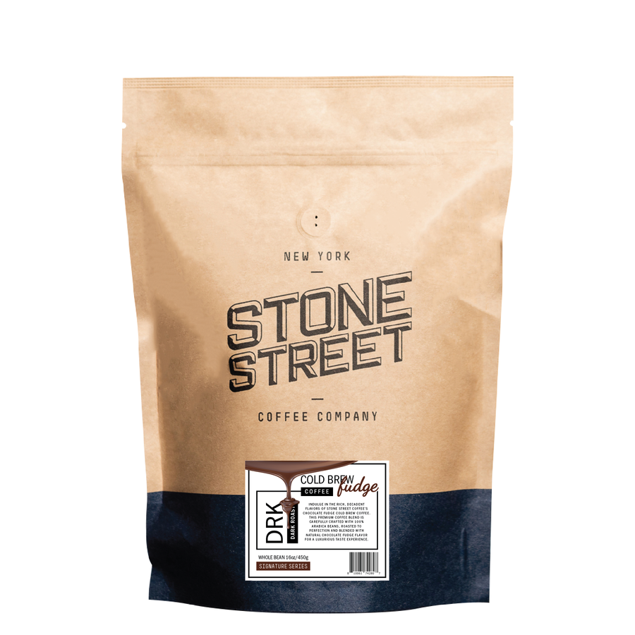 Front of the Stone Street Cold Brew Fudge coffee bag with its product label visible