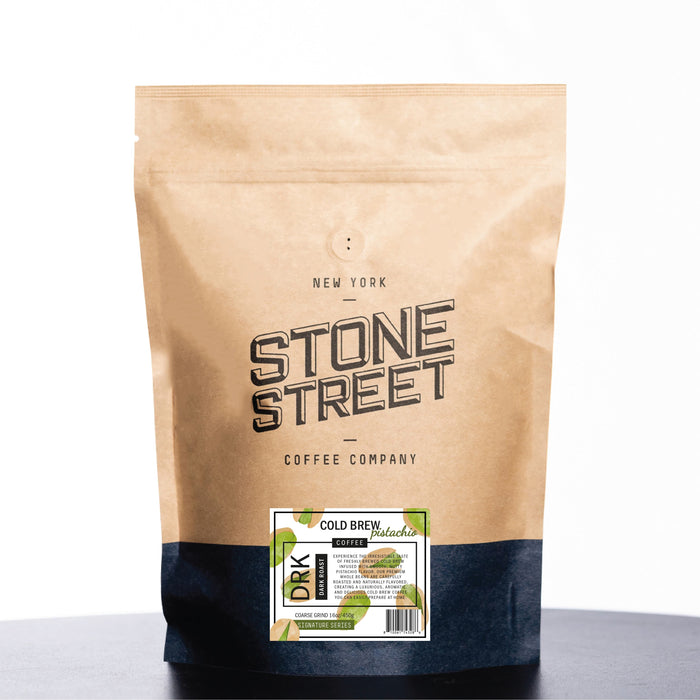 Front of the Stone Street Cold Brew Pistachio coffee bag with its product label visible