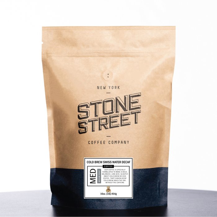 Front of the Stone Street Cold Brew Swiss Water Decaf coffee bag with its product label visible