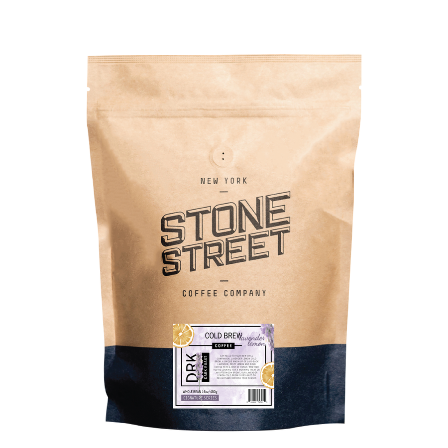 Front of the Stone Street Lavender Lemon Cold Brew coffee bag with its product label visible