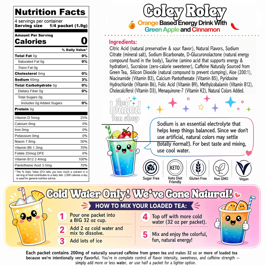 Coley Roley loaded tea nutrition and ingredient label