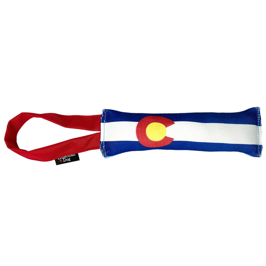 Colorado flag fire hose dog tug with red handle