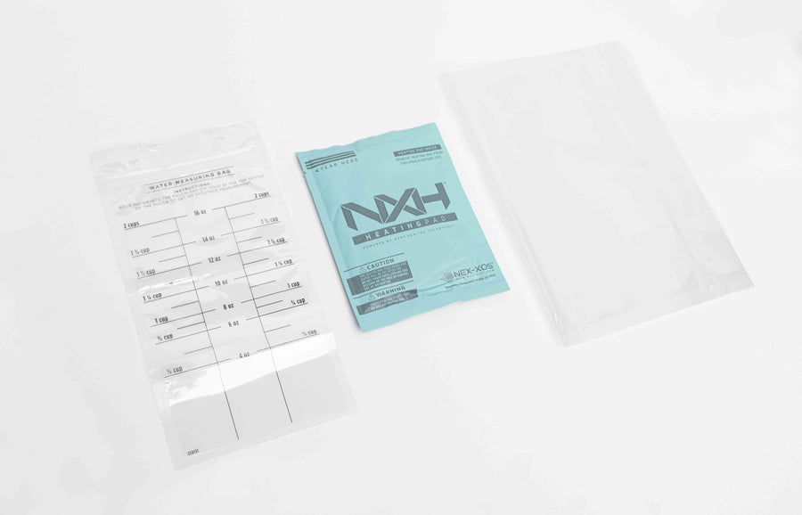 Heater bag, water measure and printed self-heating meal instructions