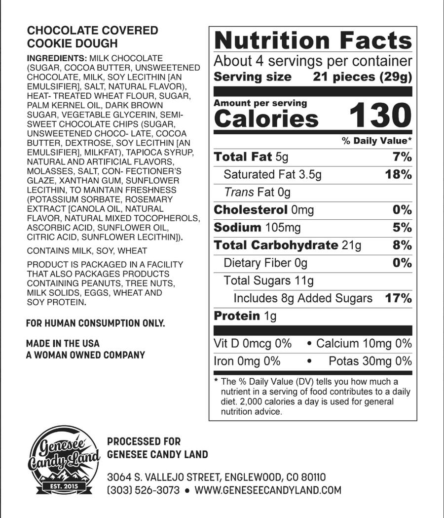 Chocolate Cookie Dough Bites – Elf Poop ingredient and nutrition label