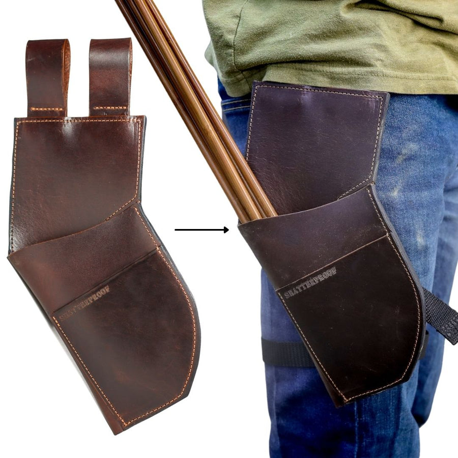 Leather Rear-Facing Hip Arrow Quiver — rear-facing hip quiver worn beside arrows