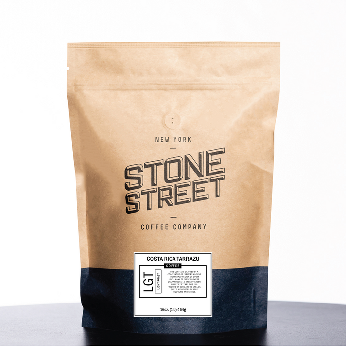 Front of the Stone Street Costa Rica Tarrazu coffee bag with its product label visible