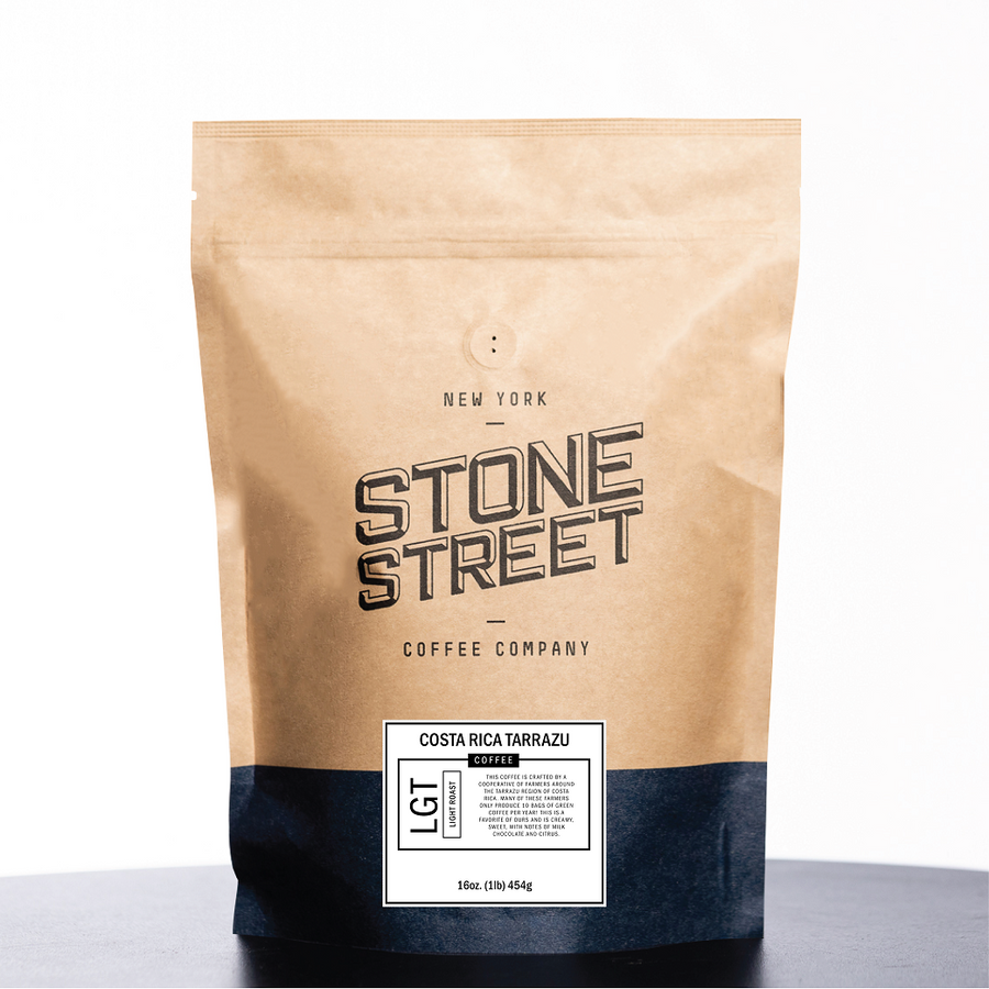 Front of the Stone Street Costa Rica Tarrazu coffee bag with its product label visible