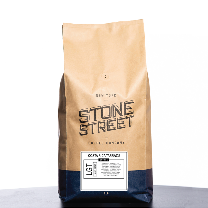 Front of the Stone Street Costa Rica Tarrazu coffee bag with its product label visible