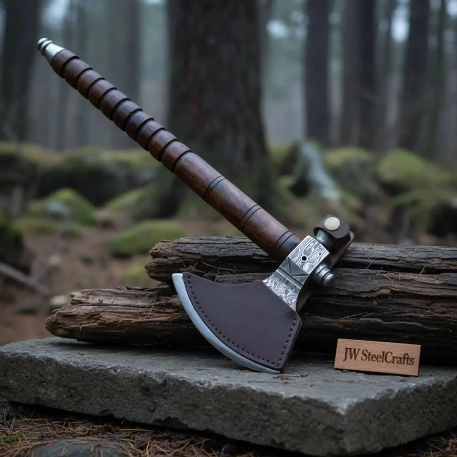 Hand Forged Damascus Smoking Axe with Ringed Hardwood Handle and Leather Sheath | JW SteelCrafts