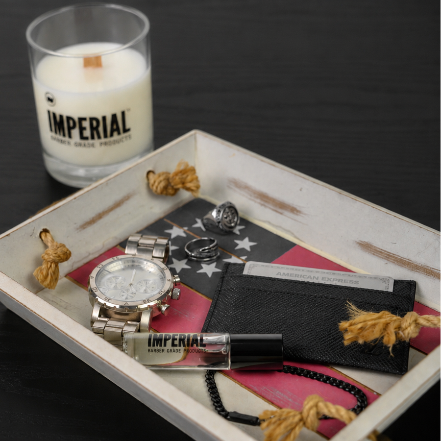 Crown One Roll-On Cologne — cologne and box in a lifestyle display with other grooming items