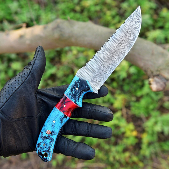 Custom Handmade Damascus Steel Hunting Knife – 10-Inch Blade with Resin Handle, Includes Leather Sheath