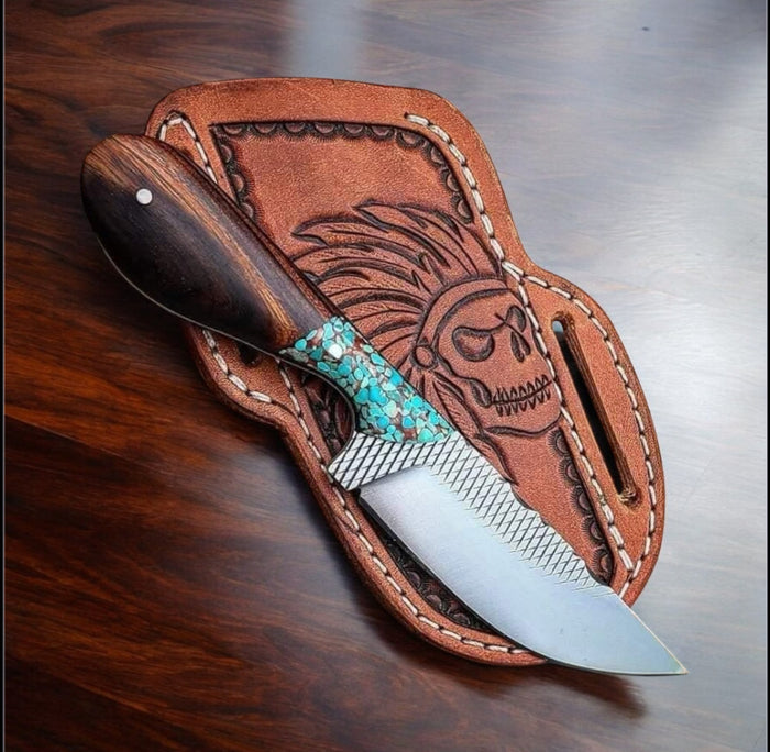 Western EDC knife with rasp steel blade, stone-accented rosewood handle and leather sheath