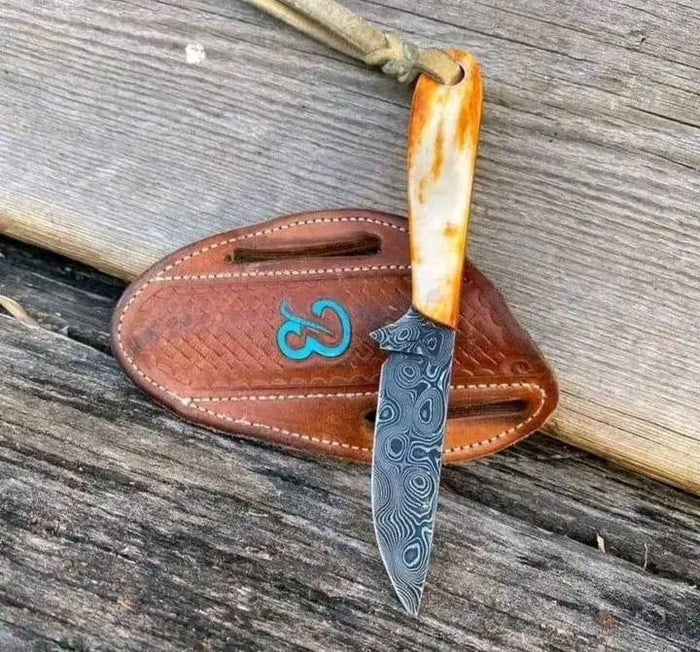 Custom Handmade Damascus Belt Knife with Camel Bone Handle