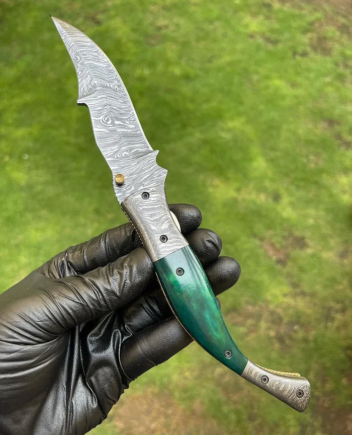 Custom Handmade Damascus Blade EDC Folding Pocket Knife – 3-Inch Blade, Color Bone Handle & Brass Engraved Bolster with Leather Sheath