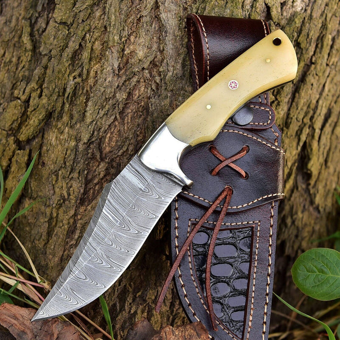 Premium Damascus Steel Skinner Knife – Custom Handmade with Camel Bone Handle