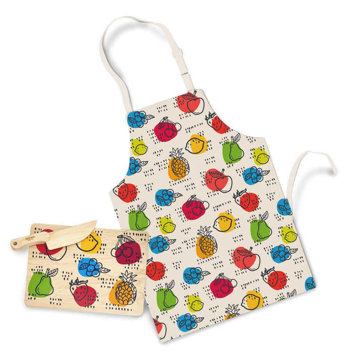 Child-sized fruit-print apron with coordinating wooden board and knife
