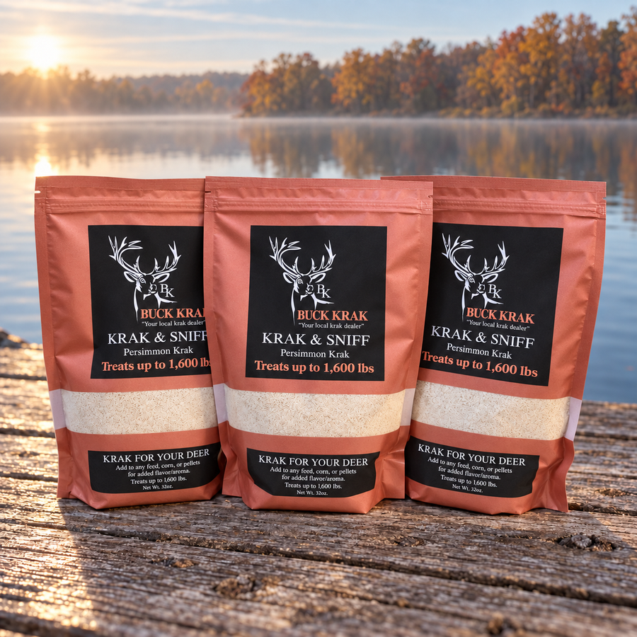 Three Persimmon Krak & Sniff pouches shown beside a lake