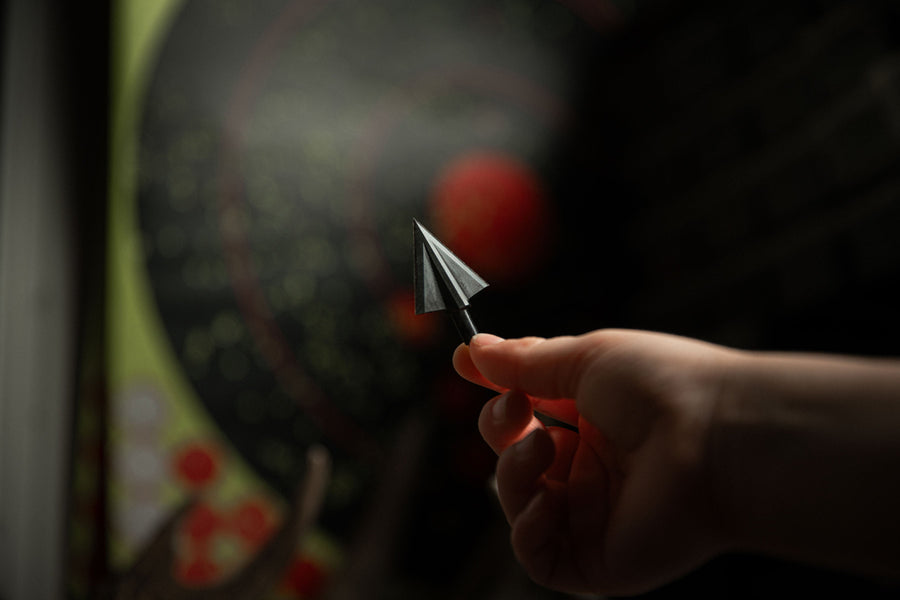 Double-bevel broadhead held for inspection