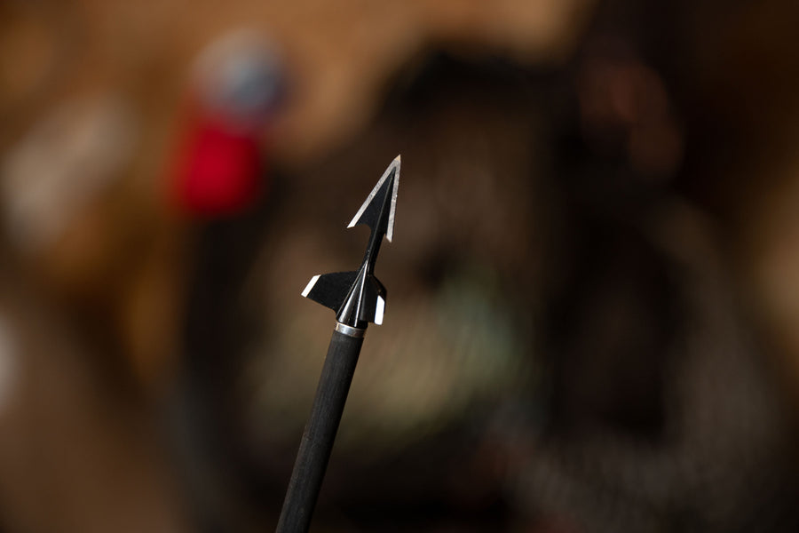 Turkey Spur broadhead mounted on an arrow outdoors